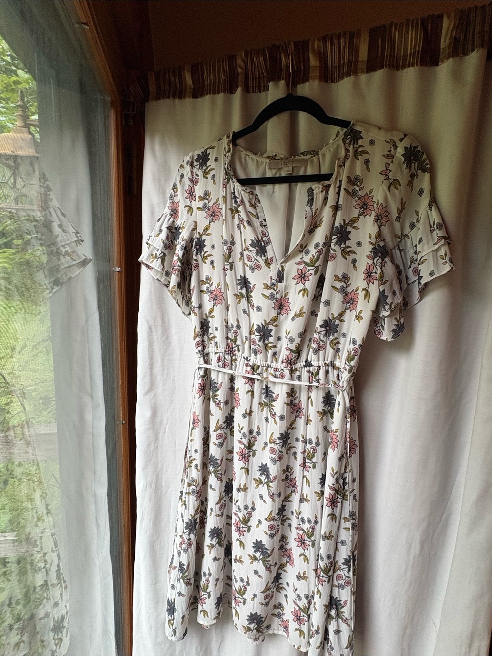 LOFT White Floral Mini Dress with Pink & Green Print